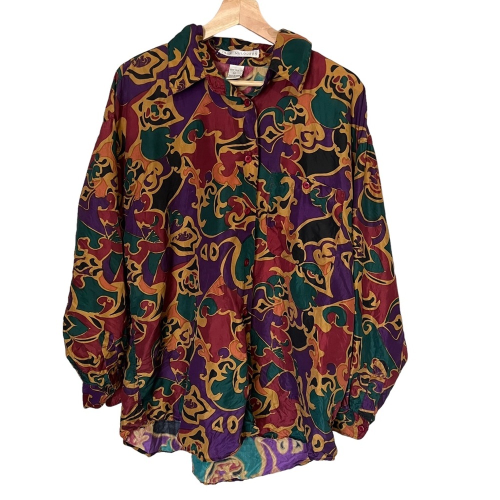 Vintage Jack Mulqueen Silk Top 90s vintage silk pattern shirt / abstract Art